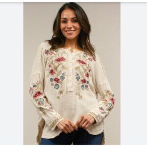 Kyla Seo Delia Embroidered Floral Boho Gauze Top Blue